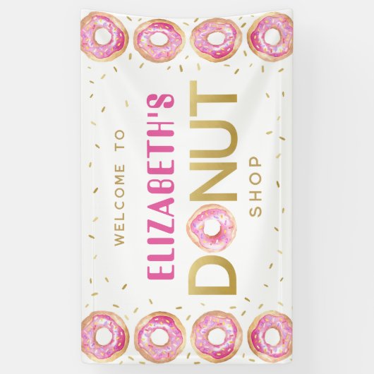 Donut Shop Roze Gouden Verjaardag Party Sign Spandoek (Verticaal)