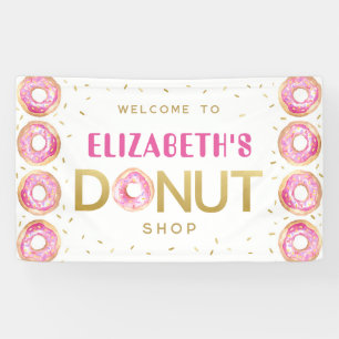 Donut Shop Roze Gouden Verjaardagsfeest Sign Spandoek