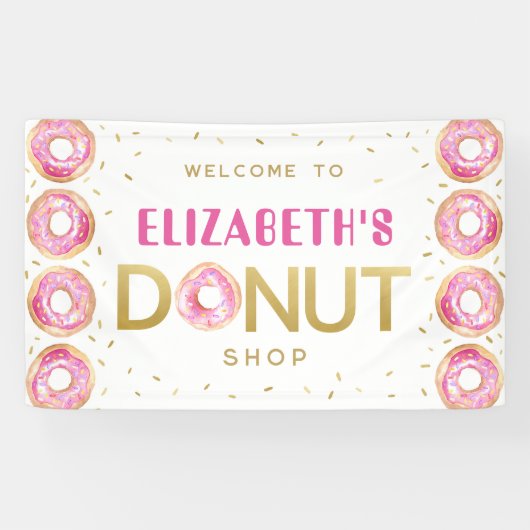 Donut Shop Roze Gouden Verjaardagspartij Bord Spandoek (Horizontaal)