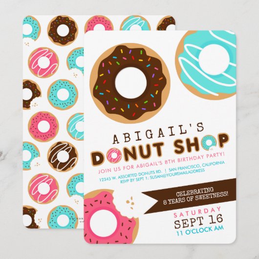 Donut Shop Uitnodiging voor verjaardagsfeest (Voorkant / Achterkant)