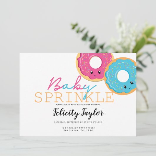 Donut Sprinkle Baby shower Blue Pink Twins Aankondiging (Staand voorkant)