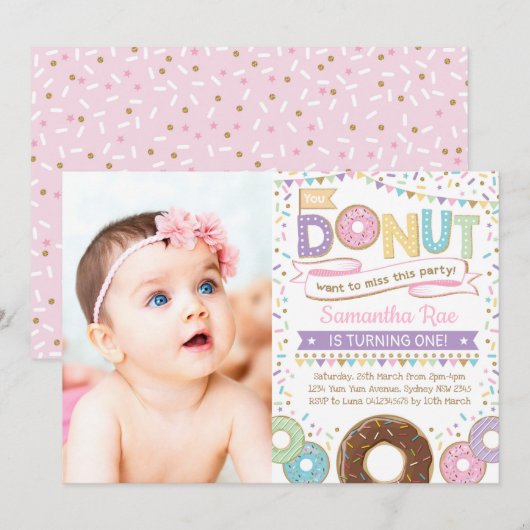 Donut Sprinkles Birthday Doughnut Party Invite Kaart (Voorkant / Achterkant)