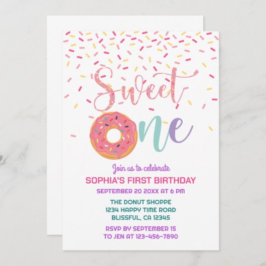 Donut & Sprinkles Sweet One 1e verjaardag Kaart (Voorkant / Achterkant)