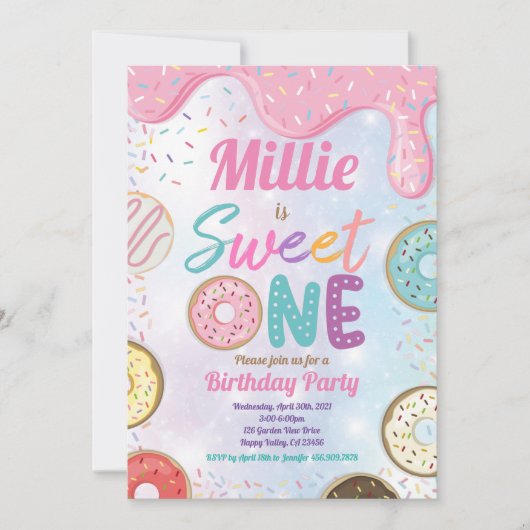 Donut Sweet One 1e verjaardag Pink Pastel Inv Kaart (Voorkant)