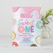 Donut Sweet One 1e verjaardag Pink Pastel Inv Kaart (Staand voorkant)