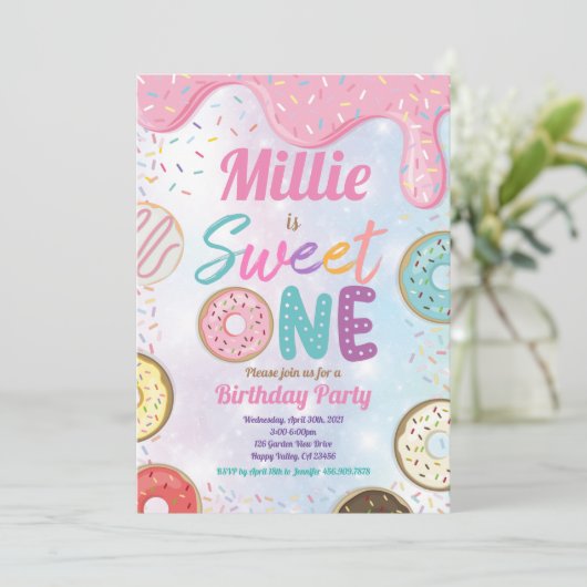 Donut Sweet One 1e verjaardag Pink Pastel Inv Kaart (Staand voorkant)