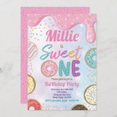 Donut Sweet One 1e verjaardag Pink Pastel Inv Kaart (Voorkant / Achterkant)