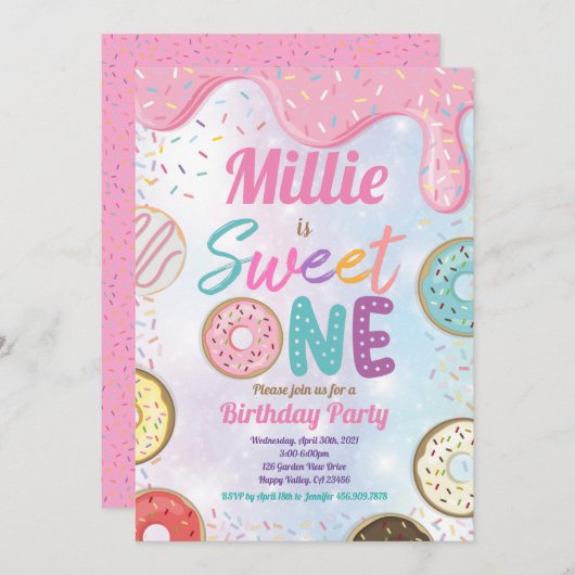 Donut Sweet One 1e verjaardag Pink Pastel Inv Kaart (Voorkant / Achterkant)