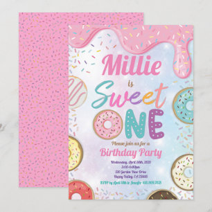 Donut Sweet One 1e verjaardag Pink Pastel Inv Kaart