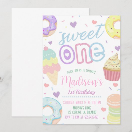 Donut Sweet One 1e verjaardag uitnodiging (Voorkant / Achterkant)
