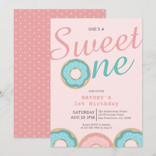 Donut Sweet One 1st Birthday Party Kaart (Voorkant / Achterkant)