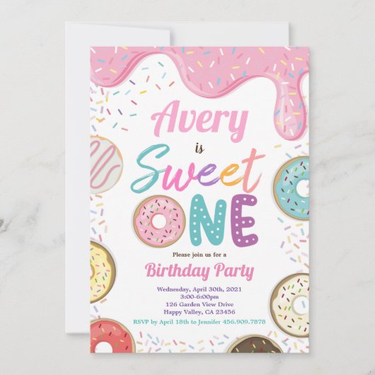 Donut Sweet One 1st Birthday Party Pink Pastel Kaart (Voorkant)