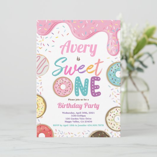 Donut Sweet One 1st Birthday Party Pink Pastel Kaart (Staand voorkant)