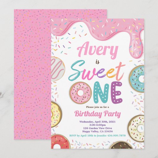 Donut Sweet One 1st Birthday Party Pink Pastel Kaart (Voorkant / Achterkant)