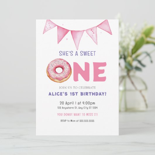 Donut Sweet One Birthday Party Donut 1st Birthday Kaart (Staand voorkant)