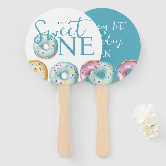 Donut Sweet One Blue 1st Birthday Party Handwaaier (Voorkant en achterkant)