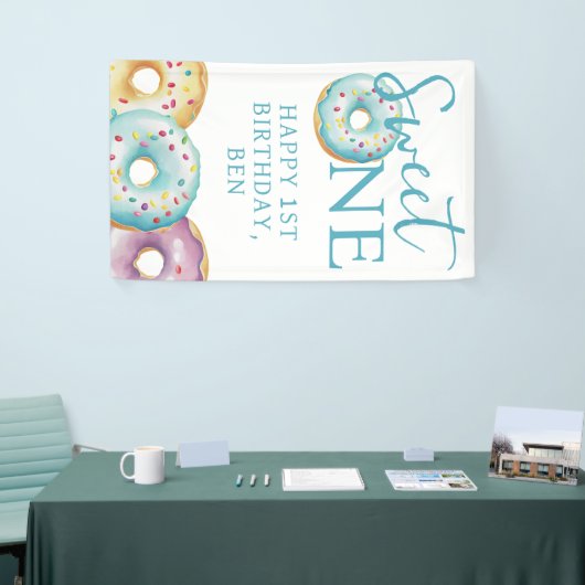 Donut Sweet One Blue 1st Birthday Party Spandoek (Beurs)