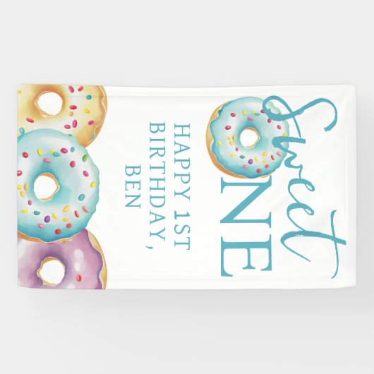 Donut Sweet One Blue 1st Birthday Party Spandoek (Horizontaal)