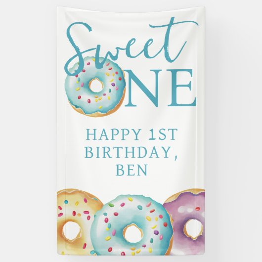 Donut Sweet One Blue 1st Birthday Party Spandoek (Verticaal)