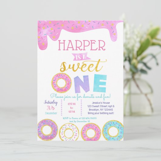 Donut Sweet One Eerste Verjaardag Uitnodigingen 1e (Staand voorkant)