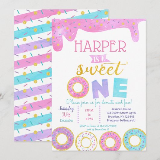 Donut Sweet One Eerste Verjaardag Uitnodigingen 1e (Voorkant / Achterkant)