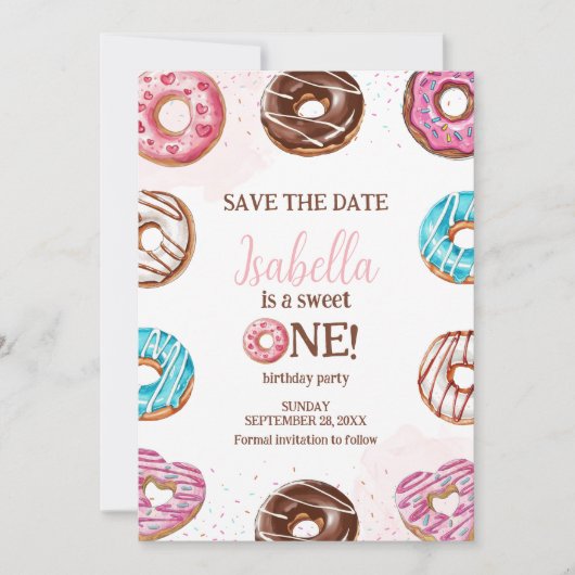 Donut Sweet One Girl Sprinkles 1e verjaardag Save The Date (Voorkant)