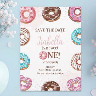 Donut Sweet One Girl Sprinkles 1e verjaardag Save The Date
