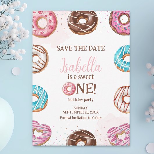 Donut Sweet One Girl Sprinkles 1e verjaardag Save The Date
