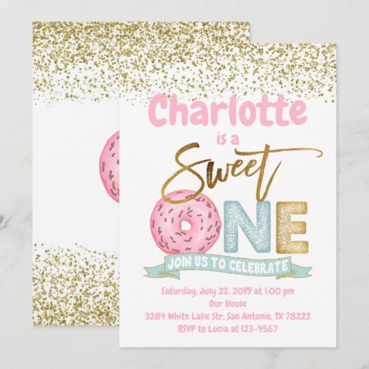 Donut Sweet One Gold Sprinkles 1e verjaardag Kaart (Voorkant / Achterkant)