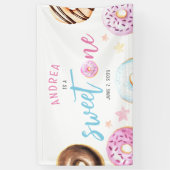 Donut Sweet One Pink and Blue Girls First Birthday Spandoek (Verticaal)