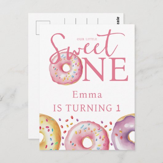 Donut Sweet One Roze 1e Verjaardagsfeestje  Briefkaart (Voorkant / Achterkant)