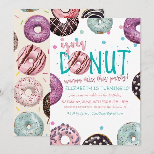 Donut Thema Verjaardagsuitnodiging Kaart (Voorkant / Achterkant)