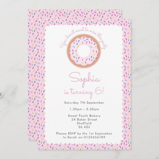Donut themed verjaardagsparty-uitnodiging kaart (Voorkant / Achterkant)