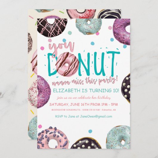 Donut Thgerespecteerde Birthday Invitation Kaart (Voorkant / Achterkant)