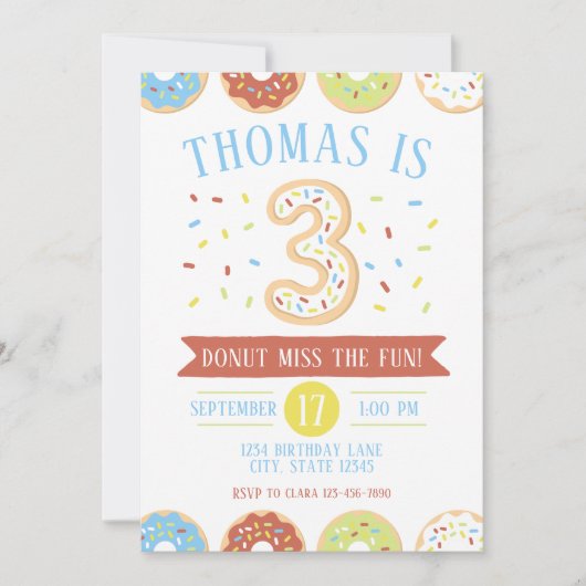Donut Third Birthday Invitation Kaart (Voorkant)