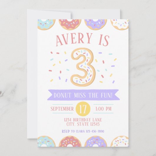 Donut Third Birthday Invitation Kaart (Voorkant)
