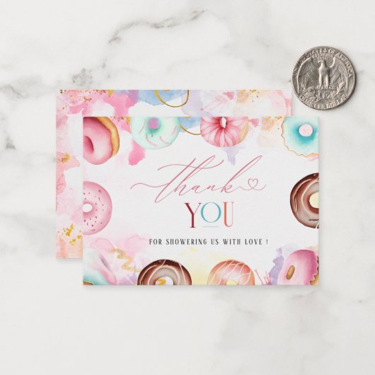 Donut-tijd Waterverf dank u baby shower Notitiekaartje (Voorkant / Achterkant in situ)