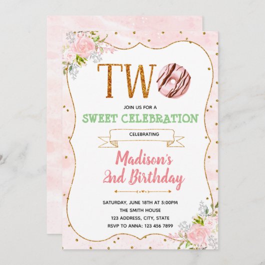 Donut twee zoete themauitnodiging kaart (Voorkant / Achterkant)