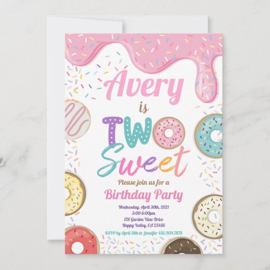 Donut Two Sweet 2e verjaardag Party Pink Pastel Kaart (Voorkant)
