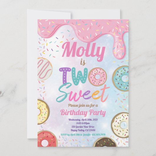 Donut Two Sweet 2nd Birthday Party Pink Pastel Inv Kaart (Voorkant)