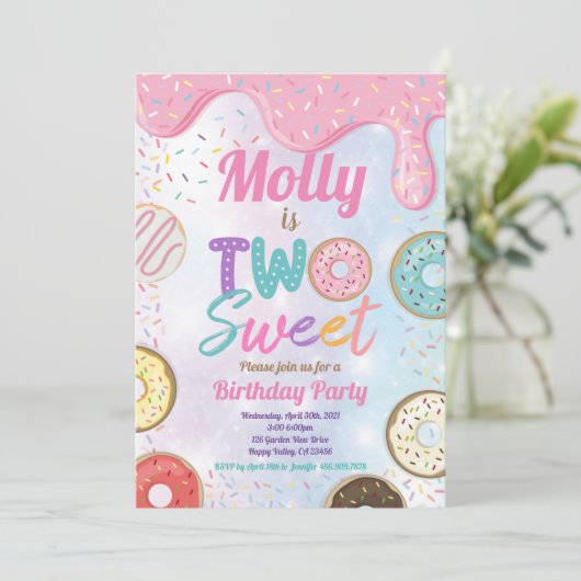 Donut Two Sweet 2nd Birthday Party Pink Pastel Inv Kaart (Staand voorkant)