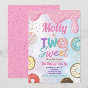 Donut Two Sweet 2nd Birthday Party Pink Pastel Inv Kaart