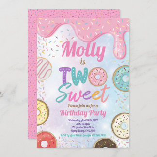 Donut Two Sweet 2nd Birthday Party Pink Pastel Inv Kaart