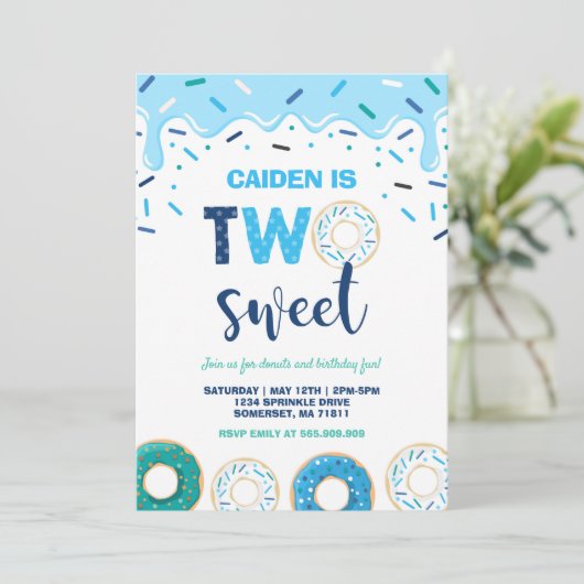 Donut Two Sweet Birthday Noite Donut Party Blue Kaart (Staand voorkant)