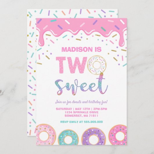 Donut Two Sweet Birthday Noite Donut Party roze Kaart (Voorkant / Achterkant)