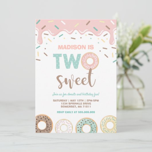 Donut Two Sweet Birthday Noite Donut Party roze Kaart (Staand voorkant)