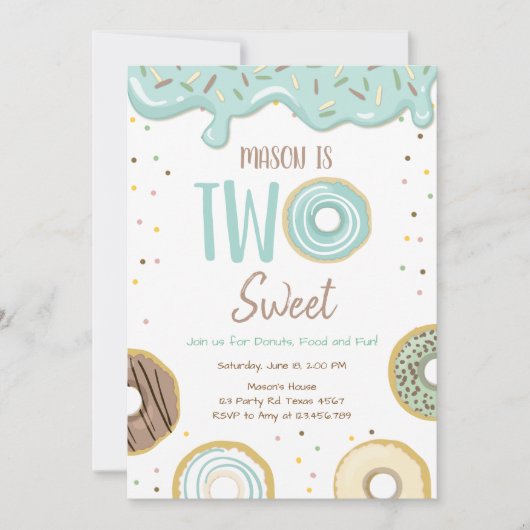 Donut Two Sweet Blue Pastel Second Birthday Party Kaart (Voorkant)