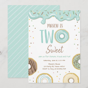 Donut Two Sweet Blue Pastel Second Birthday Party Kaart