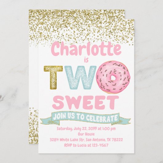 Donut Two Sweet Gold Sprinkles 2e verjaardag Kaart (Voorkant / Achterkant)