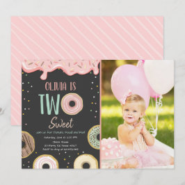 Donut Two Sweet Pink Doughnut Girl Birthday Party Kaart